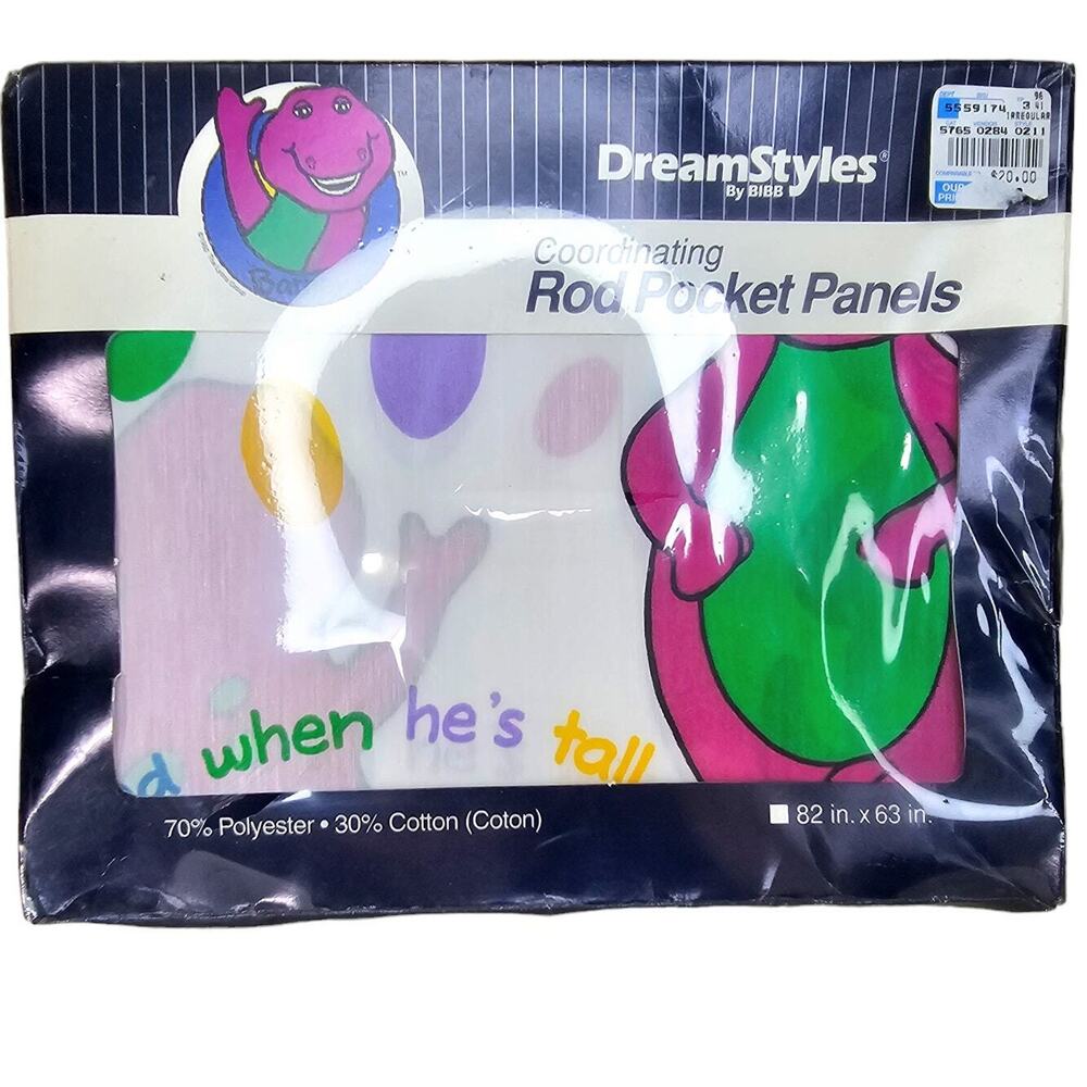Vtg Barney Dinosaur Curtains New Sealed Bibb DreamStyles 90s Panels 82"x63" NIB